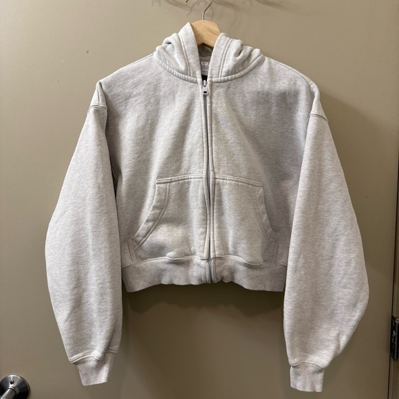 Aritzia Tna Cozy Fleece Boyfriend Boxy Zip up Hoodie Heather Cloud White size XS - Picture 3 of 11